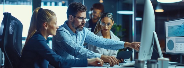 Three business professionals discussing account planning systems and pointing at a computer screen